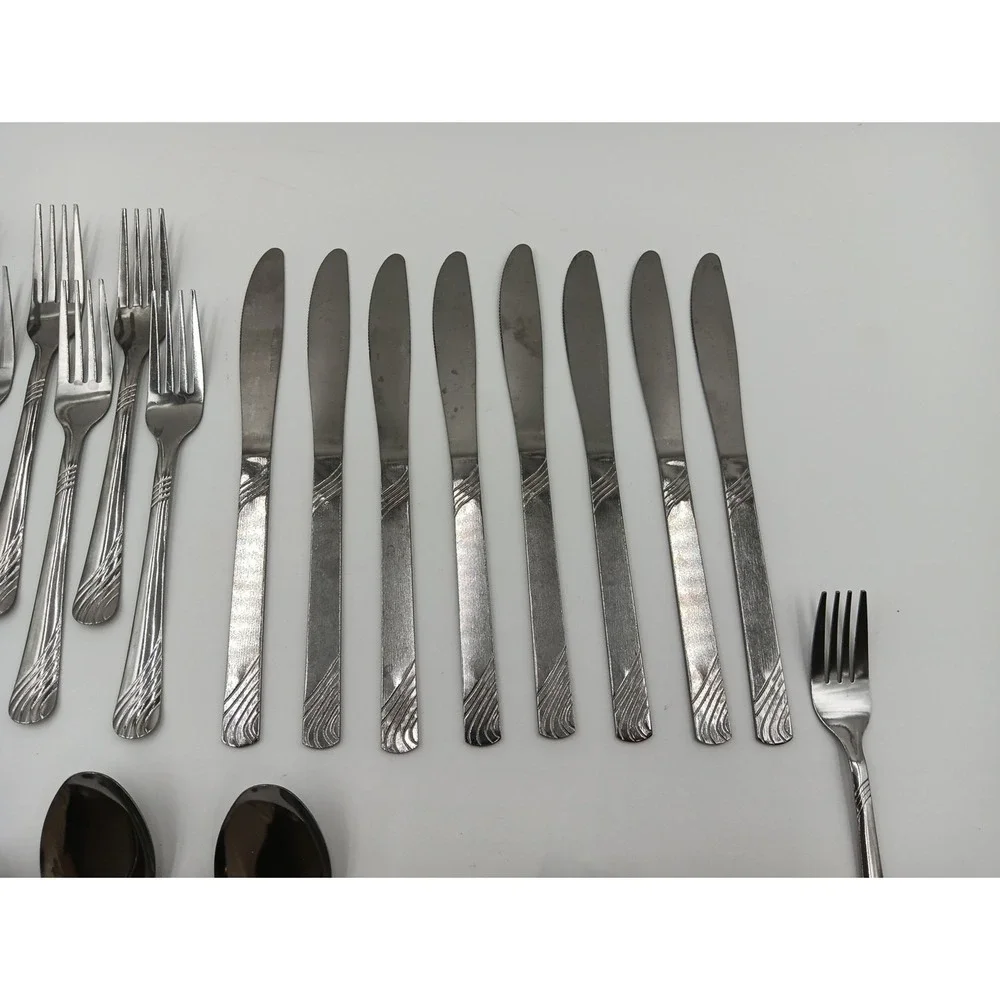 26pc PFF100 Pfaltzgraff Stainless Steel‎ Flatware Swirls Fork Spoon Knife LOT